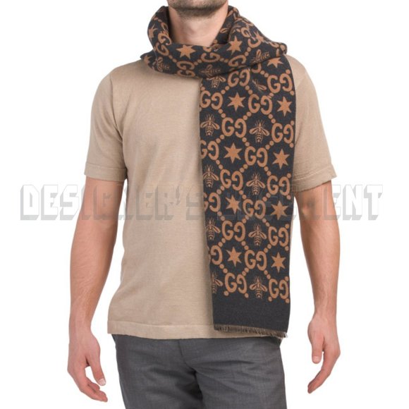 GUCCI brown & charcoal CONSTELLATION Bee GG Stars wool reversible long scarf NWT - Picture 7 of 10